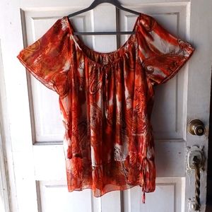Sheer Floral Brown and Orange Blouse short sleeve. Blouse size 2X